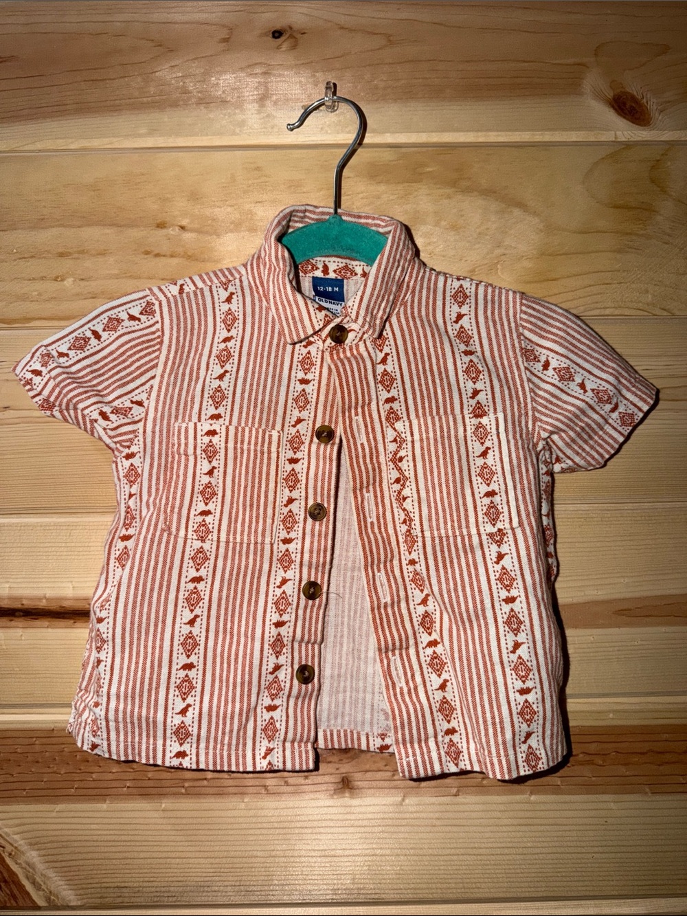 Children's Short Sleeve Button-Up Shirt in Rust Stripe
